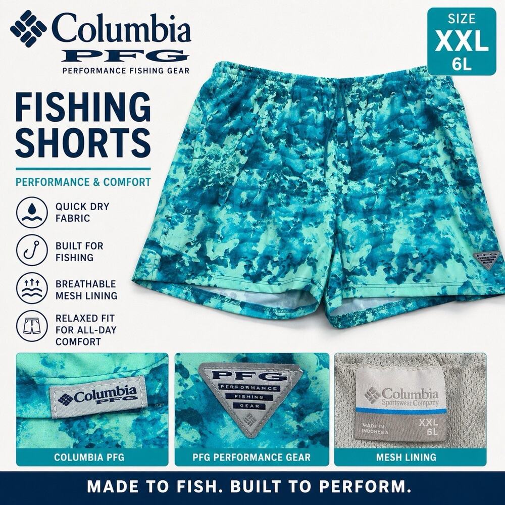 Columbia PFG Shorts Men’s XXL Blue Aqua Camo Fishing Swim Trunks Mesh Lined